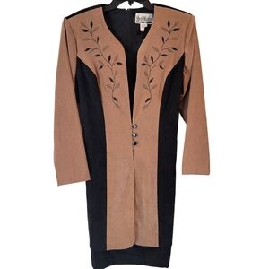 Vtg Sheri Martin Black Tan Embroidered Blazer Style Dress